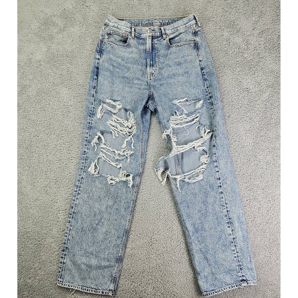 American Eagle Baggy Jeans Women's 12 30x30 Light Wash Distressed Ripped Y2K